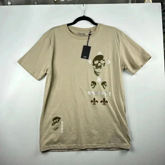 TACO TUESDAY TEE SHIRT SZ L 100% COTTON SKULL DESIGN NWT TAN BROWN WHITE SILVER - Picture 1 of 5